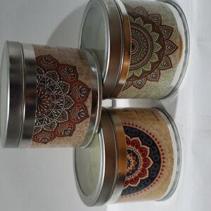 Karma. Set of 3 Candles; Tin Containers; Patchouli, Sandalwood & Jasmine. NWT
